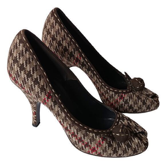 PRADA Houndstooth Fabric Heels Pumps Shoes Size 37.5 Peep Toe Brown Red Wool - Picture 1 of 11
